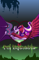 Size: 648x1000 | Tagged: safe, artist:blueberrysnow, princess cadance, twilight sparkle, alicorn, demon, demon pony, original species, pony, g4, alternate universe, demon wings, digital art, duo, duo female, eyes closed, fanfic, fanfic art, fanfic cover, female, hooves, horn, infidelity, kissing, lesbian, ship:twidance, shipping, species swap, spread wings, wings