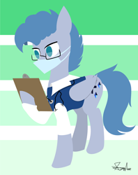 Size: 2502x3166 | Tagged: safe, artist:samsailz, oc, oc only, pegasus, pony, abstract background, clipboard, clothes, doctor, glasses, high res, lineless, mask, reading, simple background, solo, stethoscope