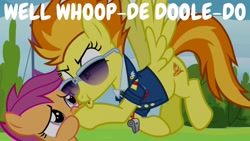 Size: 1920x1080 | Tagged: safe, edit, edited screencap, editor:quoterific, screencap, scootaloo, spitfire, pegasus, pony, g4, the washouts (episode), bitchfire, duo, female, filly, flying, mare, open mouth, puffy cheeks, sunglasses, whistle, whistle necklace, whoop-dee-doodle-doo