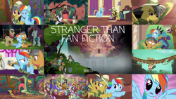 Size: 1960x1104 | Tagged: safe, edit, edited screencap, editor:quoterific, screencap, ahuizotl, apple mint, biff, burning passion, cardinal point, carrot bun, compass course, daring do, doctor caballeron, endeavour, flare de mare, huckleberry crush, lavender sunrise, long shot, love sketch, mint condition, moonlight zephyr, ocean spray, pickpocket, quibble pants, rainbow dash, rogue (g4), violet spark, withers, earth pony, pegasus, pony, g4, stranger than fan fiction, apple family member, clothes, cute, daring dorable, dashabetes, female, hat, henchmen, male, mare, pith helmet, shirt, stallion