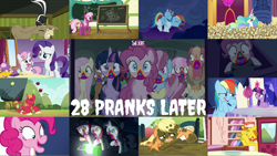 Size: 1960x1104 | Tagged: safe, edit, edited screencap, editor:quoterific, screencap, apple bloom, applejack, big macintosh, carrot cake, cheerilee, cherry berry, cranky doodle donkey, cup cake, fluttershy, mochaccino, pinkie pie, pound cake, princess celestia, pumpkin cake, rainbow dash, rare find, rarity, scootaloo, spike, sweetie belle, twilight sparkle, alicorn, dragon, earth pony, pegasus, pony, skunk, undead, unicorn, zombie, 28 pranks later, g4, animal, chalkboard, collage, cookie zombie, crying, cutie map, cutie mark crusaders, derp, female, giggling, lantern, laughing, male, mane six, mare, mud, open mouth, rainbow muzzle, scroll, stallion, tears of laughter, twilight sparkle (alicorn), zombie apocalypse