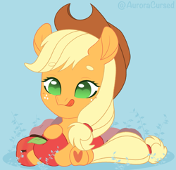 Size: 1545x1496 | Tagged: safe, artist:auroracursed, applejack, earth pony, pony, g4, apple, chibi, cute, female, food, mare, simple background, solo, tongue out