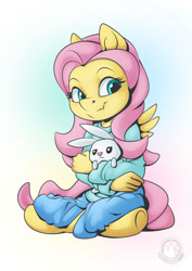Size: 955x1351 | Tagged: safe, artist:mysticalpha, angel bunny, fluttershy, pegasus, rabbit, anthro, unguligrade anthro, g4, animal, clothes, crossed legs, duo, holding, hug, looking at you, pants, simple background, sitting, smiling, snaggletooth, solo, three quarter view, white background, winged anthro, wings