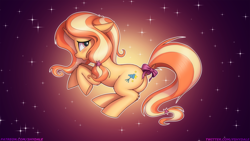 Size: 1298x730 | Tagged: safe, artist:shydale, gilded lily, pony, unicorn, g4, abstract background, blushing, butt, female, filly, plot, solo, tail wrap