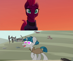 Size: 1920x1608 | Tagged: safe, edit, edited screencap, screencap, stygian, tempest shadow, g4, my little pony: the movie, shadow play, cute, female, heart eyes, male, shipping, shipping domino, smiling, straight, stygianbetes, sunset, tempgian, wingding eyes