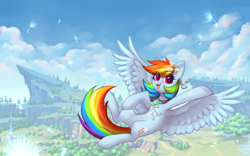 Size: 3800x2372 | Tagged: safe, artist:avrameow, rainbow dash, pegasus, pony, cliff, crossover, cute, dashabetes, eye clipping through hair, female, flower, flower in hair, flying, genshin impact, jewelry, looking at you, mare, necklace, open mouth, scenery, smiling, solo, spread wings, wings