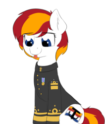 Size: 983x1160 | Tagged: safe, artist:czaroslaw, edit, oc, oc only, oc:silverfoot, earth pony, pony, clothes, cutie mark, female, mare, medal, simple background, sitting, solo, tongue out, transparent background, uniform