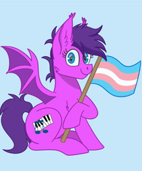 Size: 2000x2400 | Tagged: safe, artist:starlight-j, oc, oc only, oc:melody bliss, bat pony, pony, chest fluff, ear fluff, female, flag, high res, looking at you, mare, pride, pride flag, simple background, solo, spread wings, transgender, transgender pride flag, wings