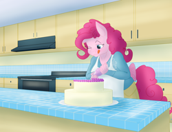 Size: 2600x2000 | Tagged: safe, artist:sixes&sevens, pinkie pie, earth pony, anthro, g4, apron, cake, chubby, clothes, female, food, high res, icing bag, kitchen, one eye closed, oven, tongue out