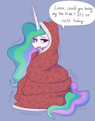 Size: 1706x2160 | Tagged: safe, artist:puetsua, princess celestia, alicorn, pony, g4, blanket, cold, coldlestia, female, implied princess luna, lidded eyes, mare, open mouth, question, shivering, simple background, solo, speech bubble
