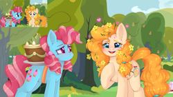 Size: 2732x1536 | Tagged: safe, artist:jennyberry, screencap, cup cake, pear butter, earth pony, pony, g4, the perfect pear, boomerang (tv channel), cake, chiffon swirl, cute, duo, female, flower, flower in hair, food, hoof on chest, mare, open mouth, pear tree, redraw, scene interpretation, tree, younger