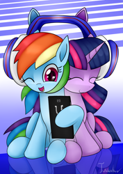Size: 2480x3507 | Tagged: safe, artist:twidasher, rainbow dash, twilight sparkle, pegasus, pony, g4, cellphone, duo, eyes closed, female, gradient background, headphones, heads together, high res, lesbian, listening, listening to music, looking at you, one eye closed, phone, reflection, sharing headphones, ship:twidash, shipping, signature, smartphone, smiling