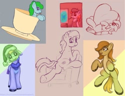 Size: 1300x1000 | Tagged: safe, artist:redquoz, oc, oc only, bird, bird pone, earth pony, pegasus, pony, :p, apron, beret, bird tail, blank flank, chair, christmas, clothes, collage, colored, cup, curly mane, drawpile, earth pony oc, easel, female, flank, flying saucer, furniture, green mane, hat, heart, heart pillow, holiday, looking at you, looking back, mare, micro, paintbrush, painter, pegasus oc, pillow, santa hat, saucer, scarf, sketch, sketch dump, striped mane, tail flick, teacup, two tone, underhoof, url, wings