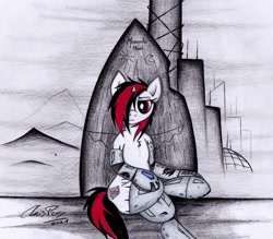 Size: 2429x2125 | Tagged: safe, artist:thechrispony, oc, oc only, oc:blackjack, cyborg, pony, unicorn, fallout equestria, fallout equestria: project horizons, amputee, concerned, cyber legs, cybernetic legs, fanfic art, female, high res, hoofington, horn, level 2 (project horizons), mare, sitting, small horn, solo, traditional art