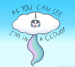 Size: 732x659 | Tagged: safe, artist:banebuster, princess celestia, alicorn, pony, series:tiny tia, g4, captain obvious, cloud, cute, cutelestia, female, gradient background, hiding, looking at you, mare, open mouth, peeking, smiling, solo, tail, text, your argument is invalid