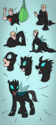 Size: 1800x4000 | Tagged: safe, artist:axiomtf, artist:fighting-wolf-fist, color edit, edit, changeling, goo, human, cocoon, colored, drool, encasement, exclamation point, eyes closed, fangs, gritted teeth, high res, human to changeling, mind control, monochrome, open mouth, simple background, teal background, transformation, transformation sequence