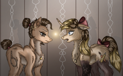 Size: 1024x637 | Tagged: safe, artist:runatfox, oc, oc only, oc:runatfox, earth pony, pony, unicorn, bow, duo, ear piercing, earring, female, fluffy, hair bow, jewelry, mare, necklace, piercing, tail bow