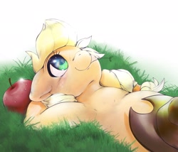 Size: 2048x1756 | Tagged: safe, artist:kurogewapony, applejack, earth pony, pony, g4, apple, applejack's hat, cowboy hat, cute, female, food, hat, hooves behind head, jackabetes, lying down, mare, resting, smiling, solo, straw in mouth, sweat