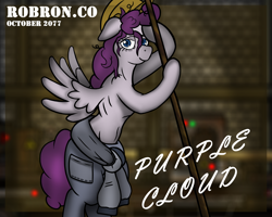 Size: 2622x2100 | Tagged: safe, artist:devorierdeos, oc, oc only, oc:purple cloud, pegasus, pony, fallout equestria, blue eyes, blurry background, clothes, female, hard hat, high res, looking at you, pinup, solo