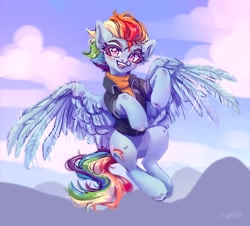 Size: 2048x1849 | Tagged: safe, artist:konejo, rainbow dash, pegasus, pony, g4, the last problem, clothes, female, flying, jacket, looking at you, mare, older, older rainbow dash, scarf, solo, spread wings, wings
