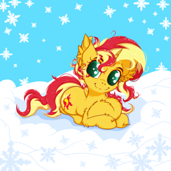 Size: 2500x2500 | Tagged: safe, artist:rurihal, sunset shimmer, pony, unicorn, g4, chest fluff, cute, ear fluff, excessive chest fluff, female, high res, impossibly large chest fluff, shimmerbetes, snow, snowflake, solo