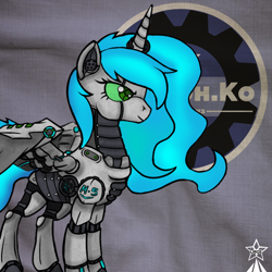Size: 1000x1000 | Tagged: safe, artist:devorierdeos, alicorn, pony, robot, robot pony, fallout equestria, artificial horn, artificial wings, cyrillic, equidroid, horn, metal, robot eye, robron.co industries, russian, solo, wings