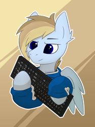 Size: 1536x2048 | Tagged: safe, artist:keupoz, oc, oc only, oc:terncode, pegasus, pony, commission, ear fluff, keyboard, simple background, solo