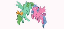 Size: 535x246 | Tagged: safe, artist:fizpup, firefly, medley, pegasus, pony, g1, blushing, bow, eyes closed, female, flying, kissing, lesbian, mare, ship:medlefly, shipping, simple background, tail bow, white background