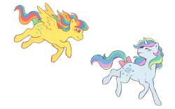 Size: 858x534 | Tagged: safe, artist:fizpup, moonstone, skydancer, pegasus, pony, unicorn, g1, blushing, bow, eyes closed, female, flying, mare, running, simple background, tail bow, tongue out, transparent background, wings