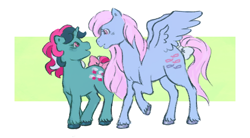 Size: 574x316 | Tagged: safe, artist:fizpup, fizzy, wind whistler, pegasus, pony, unicorn, g1, bow, female, lesbian, mare, ship:whistlepop, shipping, tail bow, wings