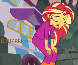 Size: 771x645 | Tagged: safe, artist:thedarkpony, edit, edited screencap, screencap, sunset shimmer, equestria girls, g4, wake up!, spoiler:eqg series (season 2), clothes, fart, female, fetish, implied messing, implied pooping, implied scat, implied sharting, onomatopoeia, pajamas, pantypoop