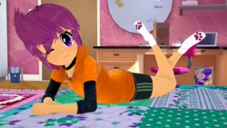 Size: 1280x720 | Tagged: safe, artist:legions20, scootaloo, equestria girls, g4, 3d, bed, bedroom, clothes, crossed legs, cute, cutealoo, feet, hoodie, koikatsu, legs, looking at you, lying down, one eye closed, paw pads, paw socks, socks, stocking feet, the pose, wink, winking at you