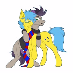 Size: 3300x3300 | Tagged: artist needed, safe, oc, oc:happy sunshine, earth pony, pony, clothes, eyes closed, glasses, high res, hug, male, scarf, simple background, snuggling, stallion, striped scarf, white background
