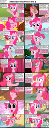 Size: 1282x3304 | Tagged: safe, pinkie pie, earth pony, pony, comic:celestia's servant interview, g4, cake, caption, cs captions, cute, diapinkes, eating, female, food, interview, looking at you, mare, nom, notepad, pie, quill, text