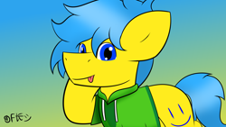 Size: 2560x1440 | Tagged: artist needed, safe, oc, oc only, oc:happy sunshine, earth pony, pony, male, raised hoof, smiling, solo, stallion, tongue out