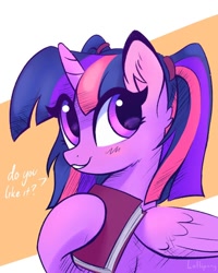 Size: 800x1000 | Tagged: safe, artist:lollipony, twilight sparkle, alicorn, pony, alternate hairstyle, book, cute, dialogue, ear fluff, eye clipping through hair, female, holding, looking at you, mare, pigtails, question, raised hoof, smiling, solo, talking to viewer, twiabetes, twigtails, twilight sparkle (alicorn), twintails