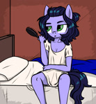 Size: 1200x1300 | Tagged: safe, artist:vadytwy, oc, oc only, oc:skiu, anthro, anthro oc, bed, brush, clothes, comb, female, hairbrush, morning ponies, oversized clothes, shirt, solo, t-shirt