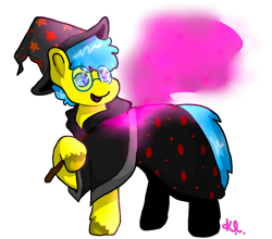 Size: 716x631 | Tagged: artist needed, safe, oc, oc only, oc:happy sunshine, earth pony, pony, glasses, hat, male, raised hoof, simple background, smiling, solo, stallion, transparent background, witch, witch hat