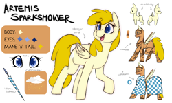 Size: 2000x1200 | Tagged: safe, artist:omiilett studios, oc, oc only, oc:artemis sparkshower, pegasus, pony, fanfic:everyday life with guardsmares, armor, caparison, commission, commissioner:themanfromanothertime, cutie mark, everyday life with guardsmares, female, guardsmare, lance, mare, pegasus oc, plate armor, reference sheet, royal guard, smiling, weapon, wings