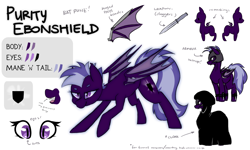 Size: 2000x1200 | Tagged: safe, artist:omiilett studios, oc, oc only, oc:purity ebonshield, bat pony, pony, fanfic:everyday life with guardsmares, armor, bat pony oc, bat wings, blade, cloak, clothes, commission, cutie mark, dagger, everyday life with guardsmares, female, guardsmare, hoof blades, mare, night guard, reference sheet, royal guard, weapon, wingblade, wings