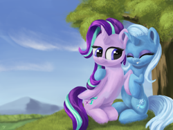 Size: 4000x3000 | Tagged: dead source, safe, artist:flusanix, starlight glimmer, trixie, pony, unicorn, g4, best friends, duo, duo female, eyes closed, female, high res, horn, hug, mare, missing accessory, sitting