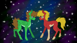 Size: 1136x640 | Tagged: safe, artist:forgottenchesire, derpibooru exclusive, oc, oc:gadget, oc:peppermint tumble, earth pony, pegasus, pony, base used, gay, male