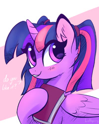 Size: 800x1000 | Tagged: safe, alternate version, artist:lollipony, twilight sparkle, alicorn, pony, g4, alternate hairstyle, book, cute, dialogue, ear fluff, eye clipping through hair, female, holding, looking at you, mare, pigtails, question, raised hoof, smiling, solo, talking to viewer, twiabetes, twigtails, twilight sparkle (alicorn), twintails