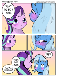 Size: 2530x3353 | Tagged: dead source, safe, artist:backgrounds-ponies, starlight glimmer, trixie, pony, unicorn, comic:trixie comes out, g4, blushing, comic, coming out, duo, female, high res, lesbian, ship:startrix, shipping, trans female, trans trixie, transgender