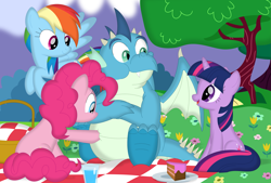 Size: 3549x2399 | Tagged: safe, artist:porygon2z, pinkie pie, rainbow dash, twilight sparkle, oc, oc:gutz, dragon, earth pony, pegasus, pony, unicorn, g4, basket, cake, fat, female, food, high res, larger male, male, physique difference, picnic, picnic basket, picnic blanket, smaller female, spread legs, spreading, water