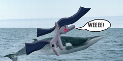 Size: 1200x600 | Tagged: safe, artist:crossovercartoons, edit, editor:crossovercartoons, oc, oc only, oc:minkie pie, earth pony, pony, whale, cute, digital art, draw edit, drawing, eyes closed, happy, ocean, riding, solo, speech bubble, water