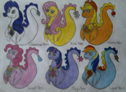 Size: 600x438 | Tagged: safe, artist:mimic951, applejack, fluttershy, pinkie pie, rainbow dash, rarity, twilight sparkle, g4, female, happy ness: the secret of the loch, loch ness monster, mane six, my little x, simple background, species swap, traditional art, white background