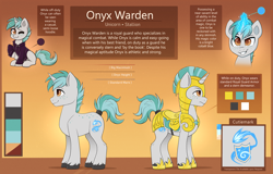 Size: 3372x2160 | Tagged: safe, artist:confetticakez, oc, oc only, oc:onyx warden, pony, unicorn, armor, clothes, commission, gradient background, guard, high res, hoodie, male, reference sheet, royal guard, smiling, stallion
