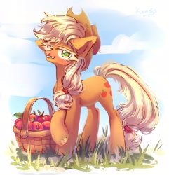 Size: 2079x2160 | Tagged: safe, artist:konejo, applejack, earth pony, pony, g4, apple, apple basket, basket, colored pupils, cute, cute little fangs, fangs, female, food, high res, looking at you, mare, solo