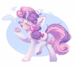 Size: 2048x1785 | Tagged: safe, artist:konejo, sweetie belle, pony, unicorn, g4, blushing, butt, chest fluff, colored hooves, cute, diasweetes, dock, ear fluff, eyes closed, female, filly, leg fluff, music notes, plot, singing, solo